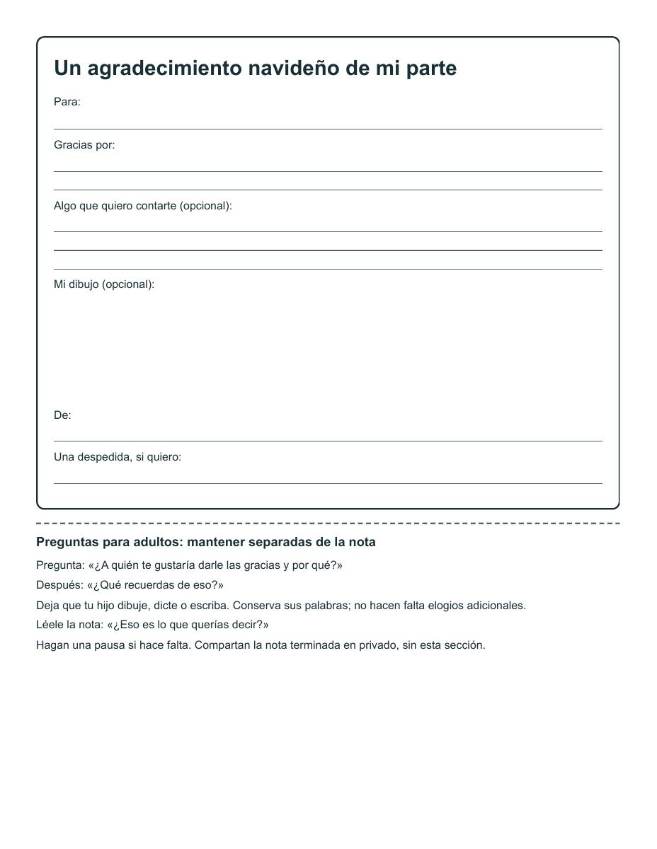Tarjeta navideña de agradecimiento en blanco con espacios para la persona, el regalo o momento compartido, un detalle opcional y el nombre, además de un dibujo y preguntas para adultos.