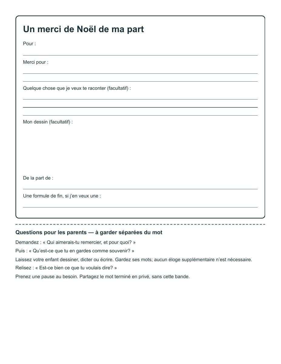 Carte de remerciement de Noël vierge avec des lignes pour la personne, le cadeau ou moment partagé, un détail facultatif et le nom, un espace de dessin et des questions séparées pour les parents.