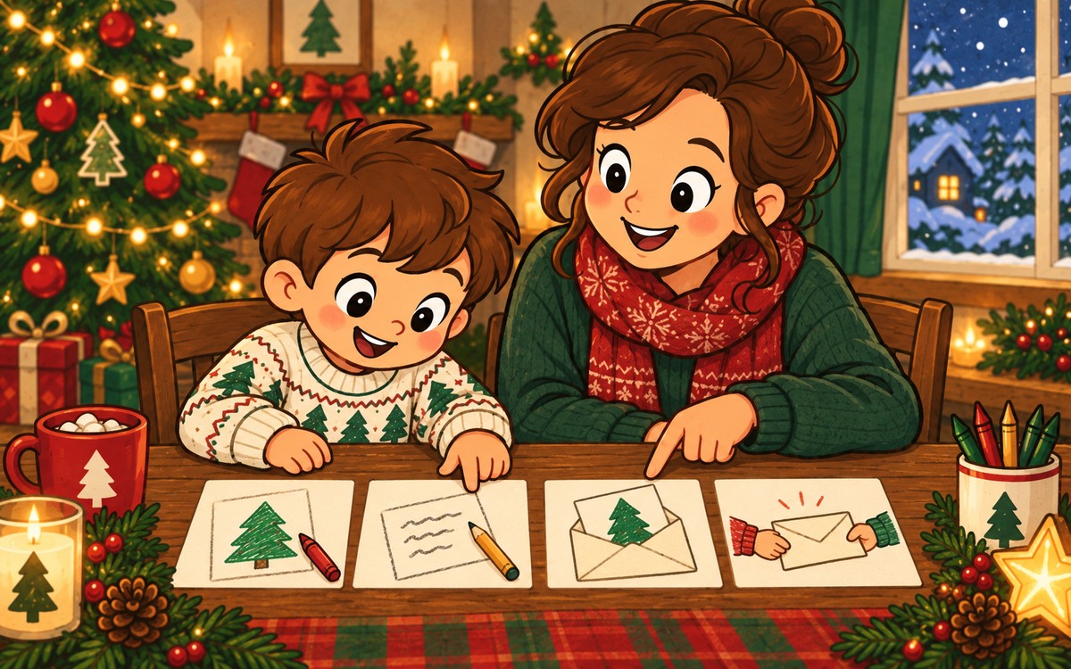 Un enfant et un parent placent quatre images dans l’ordre : dessiner un sapin sur une carte, ajouter un message, mettre la carte dans une enveloppe et remettre l’enveloppe.