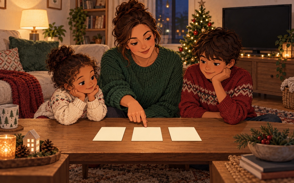 An adult and two children compare three blank cards on a table near a Christmas tree and a switched-off television.