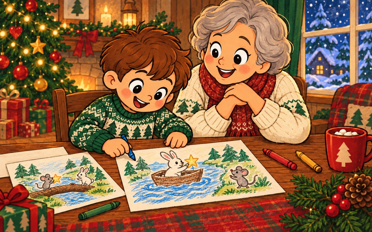 A child draws a rabbit in a boat with a gold star while an earlier drawing of a bridge ending lies nearby; a parent watches.