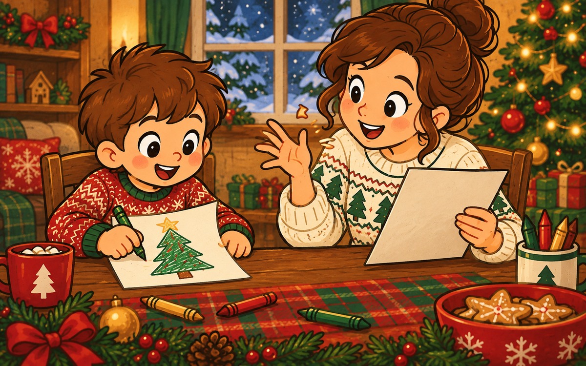 Un niño y un adulto trabajan en hojas separadas: uno describe un árbol navideño y el otro lo dibuja.
