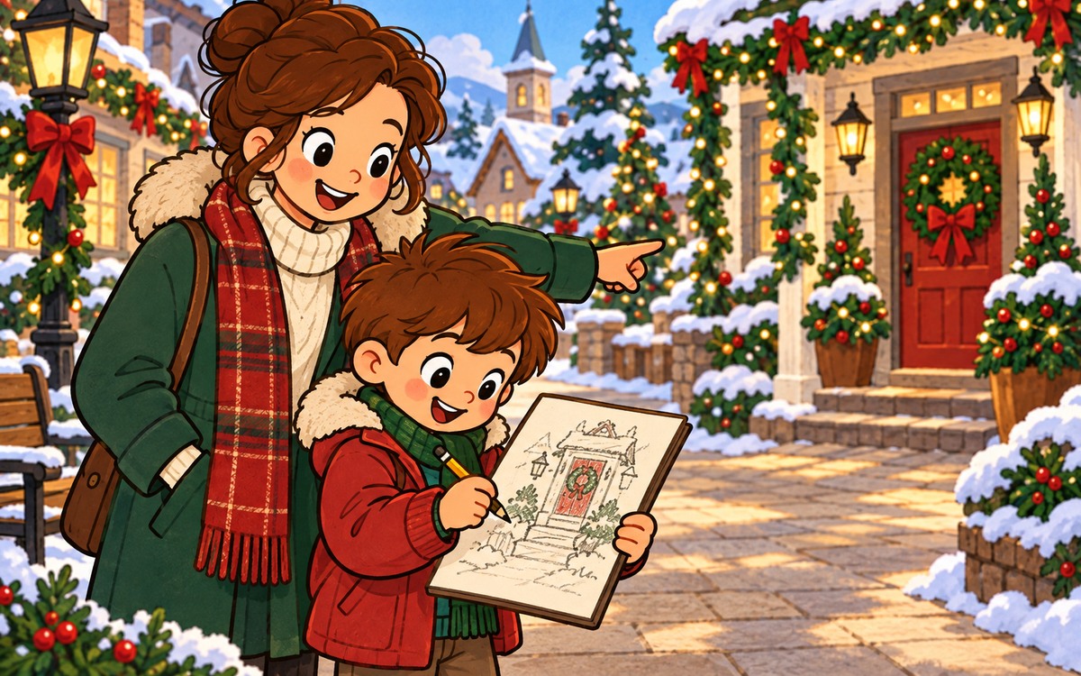 A parent and child pause on a clear daytime path while the child sketches a decorated doorway.