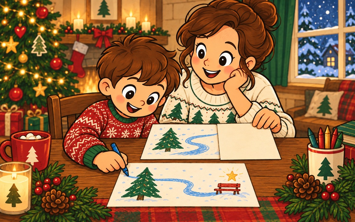 A child draws a new destination for a tree-and-path scene while an adult holds plain paper over the right side of the original drawing.