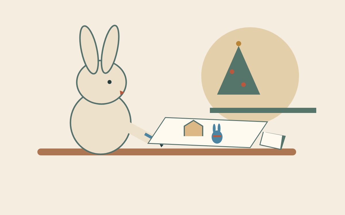 An illustrated rabbit draws a house and a blue visitor beside a Christmas shelf.