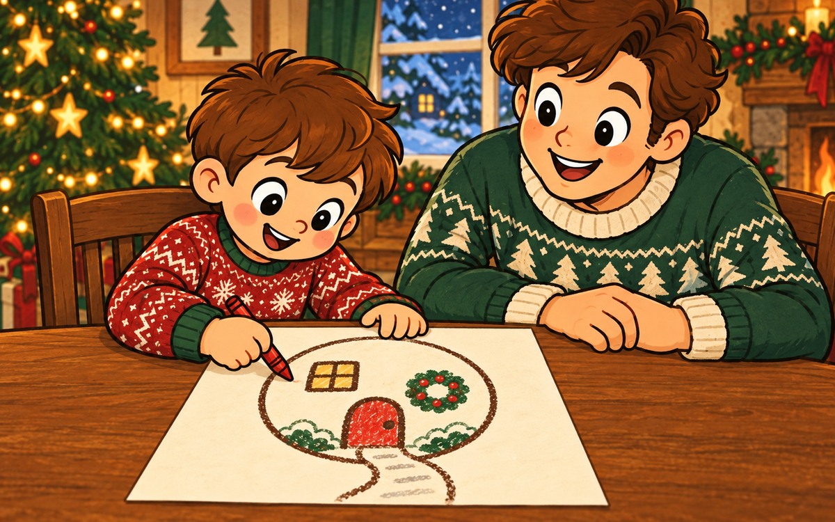 A child draws a round Christmas house with a red door inside a large circle on cream paper while an adult watches.