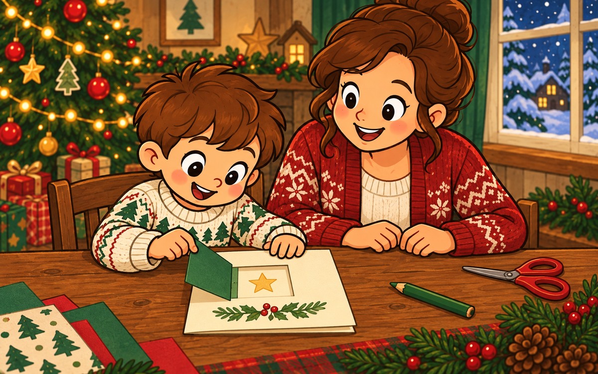 A child opens a green paper window flap on a cream folded card to reveal a gold star drawn behind it.