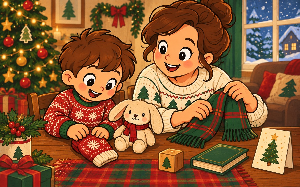A child and parent sort a mitten, scarf, soft toy, wooden block, closed book and paper card on a table.