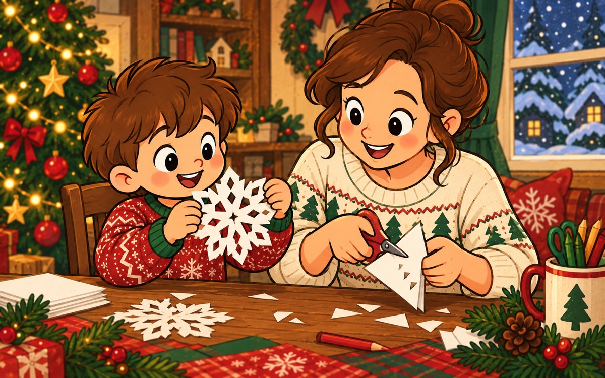 A parent cuts a folded white sheet while a child holds an opened paper snowflake.