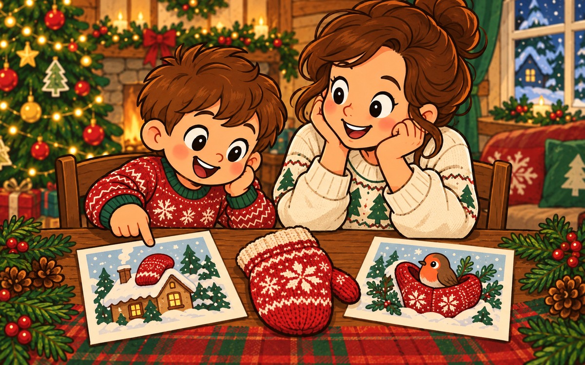 A parent listens to a child beside a red mitten and two picture cards showing imaginary uses for it.