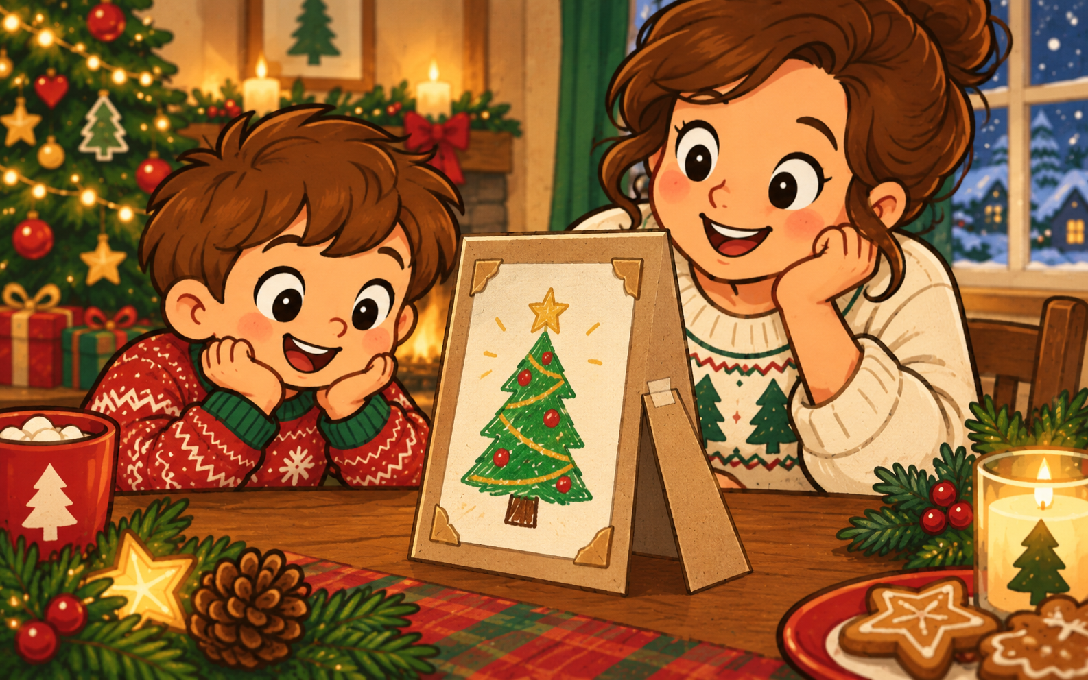 A Christmas drawing on a cardboard backing with a separate triangular rear leg.