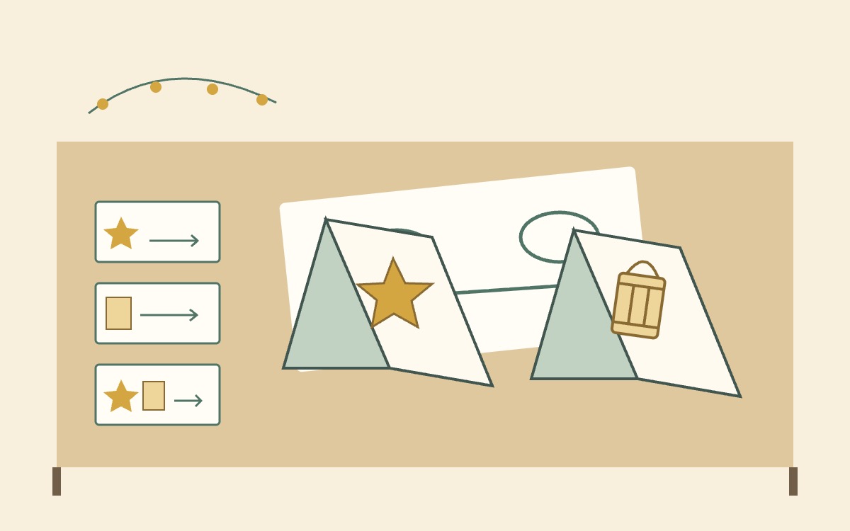 Illustration of folded-paper Star and Lantern puppets on a table, with three picture cues beside them and a drawn table setting.