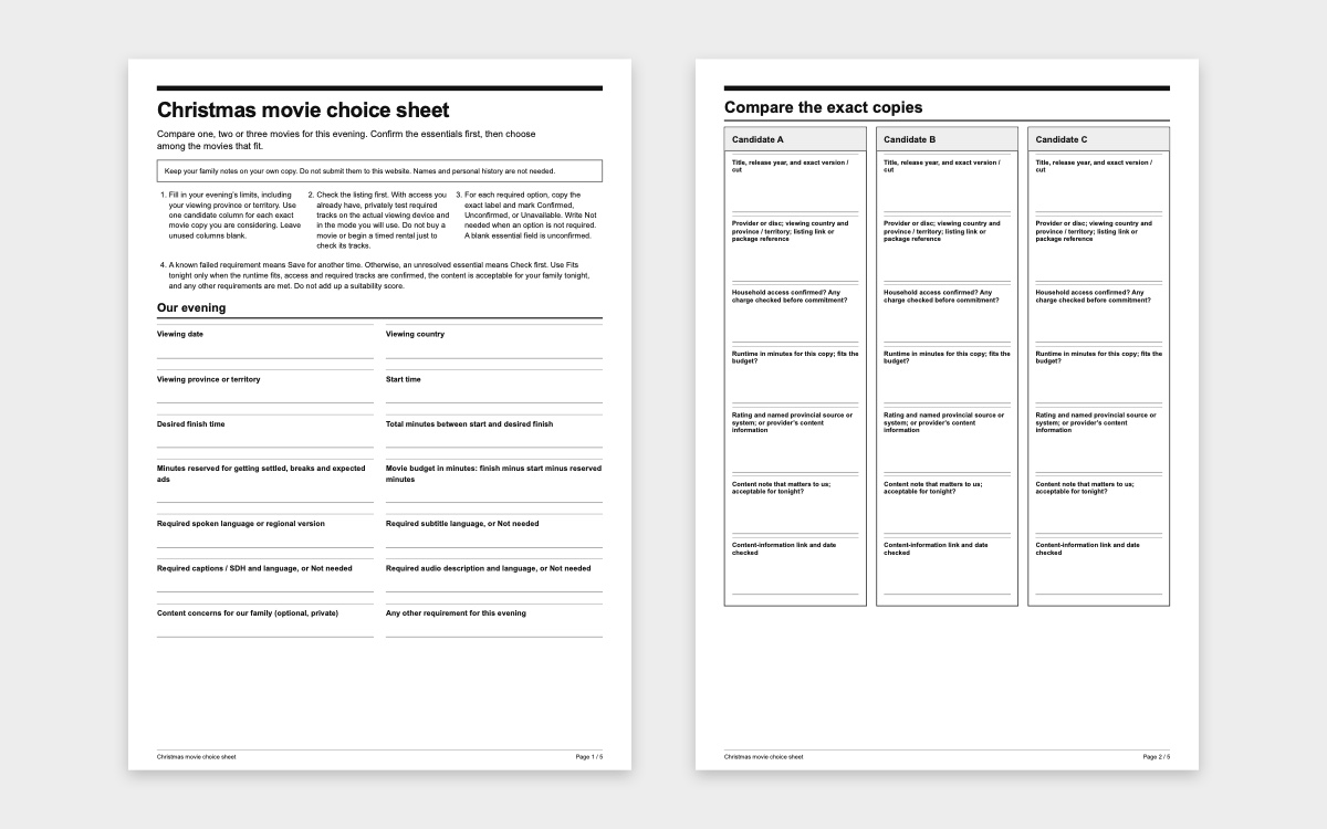 Christmas movie choice sheet with space for the evening’s limits, the viewing province or territory, and checks for up to three movies.