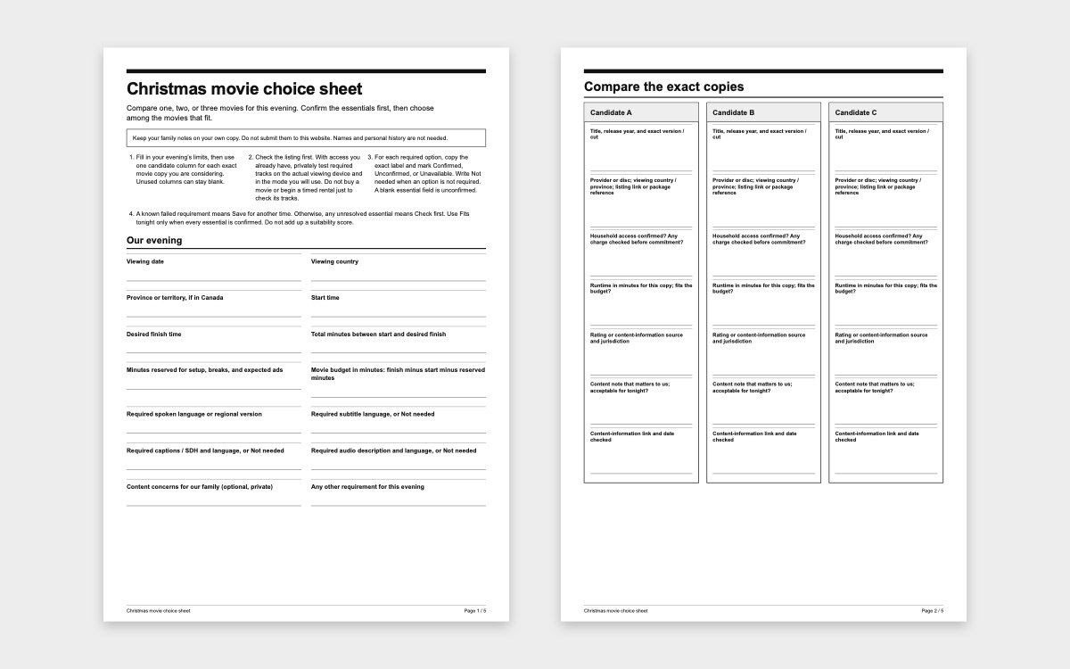 Christmas movie choice sheet with spaces for the evening’s limits and checks for up to three movies.