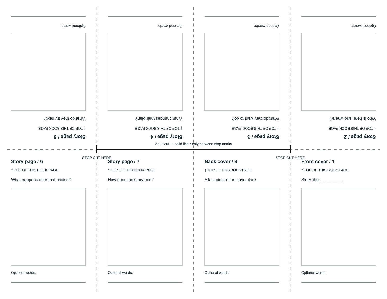 A one-sheet storybook template with eight panels, dashed folds, and a central cut ending at two stop marks.