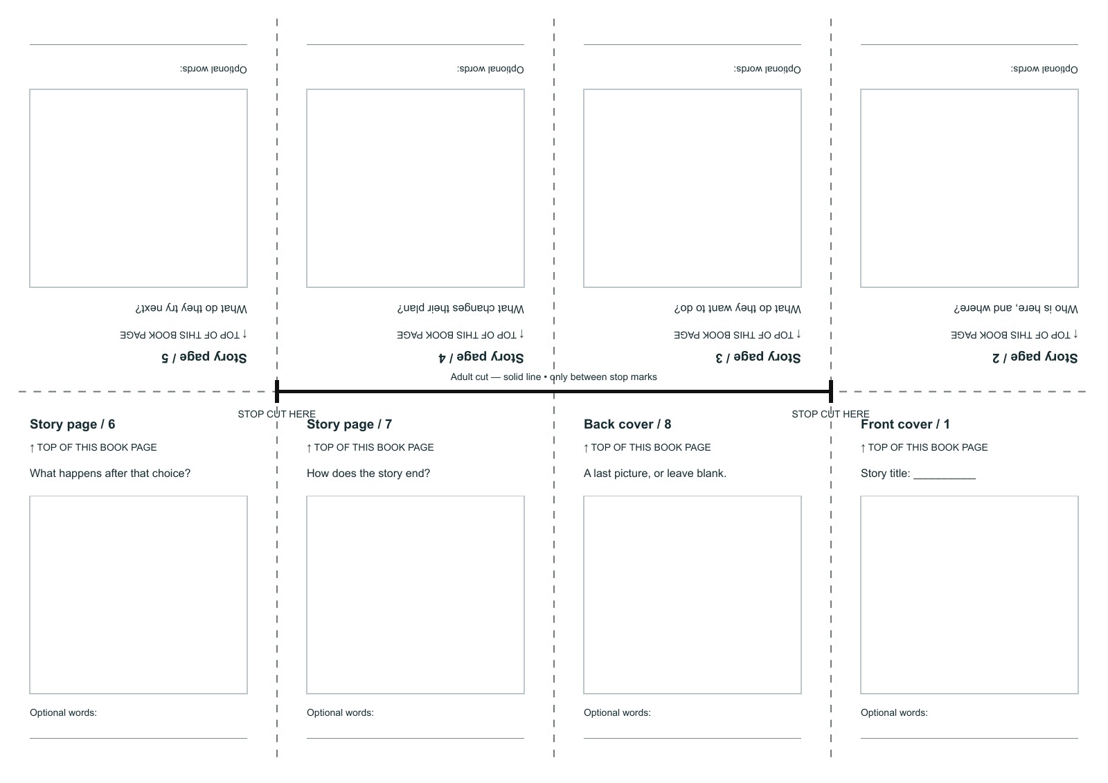 A one-sheet storybook template with eight panels, dashed folds, and a central cut ending at two stop marks.