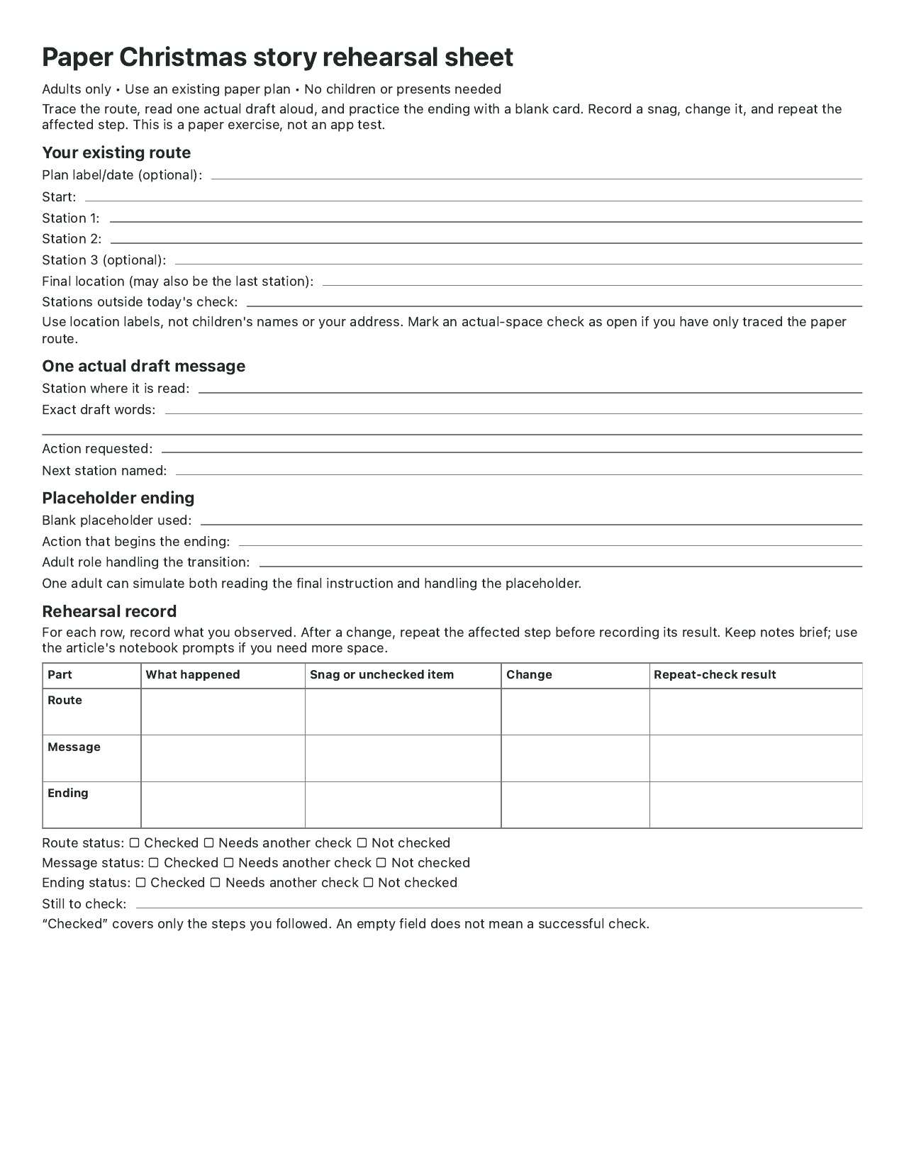 Blank rehearsal sheet with route, draft message, ending and three check records.