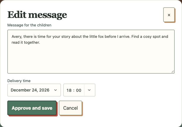 The parent sees and approves the words. Actual editor with a fictional example that does not judge behaviour.