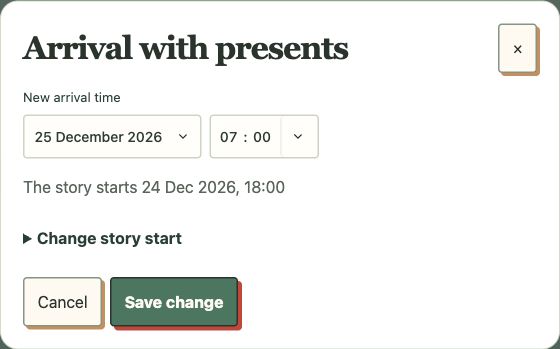 The actual local gift-time editor, using fictional details. Set the date and time that match your own celebration.