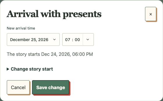 The actual local gift-time editor, using fictional details. Set the date and time that match your own celebration.