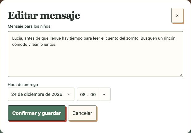 Editor real de la aplicación con una historia ficticia para Lucía. El adulto modifica el texto y la hora y aprueba el mensaje.