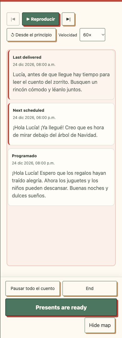 Controles reales del ensayo privado para pausar, terminar y confirmar los regalos. Historia ficticia; no es el día navideño en marcha.