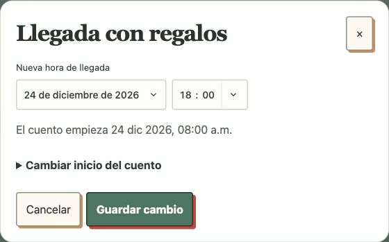 Editor auténtico de la hora local de los regalos, con datos ficticios. Un adulto comprueba que coincida con los planes familiares.