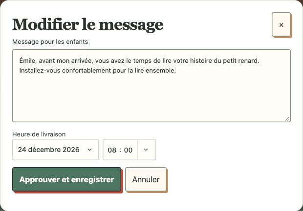 Véritable éditeur de l’application, avec une histoire fictive pour Émile. L’adulte choisit les mots et l’heure, puis approuve le message.