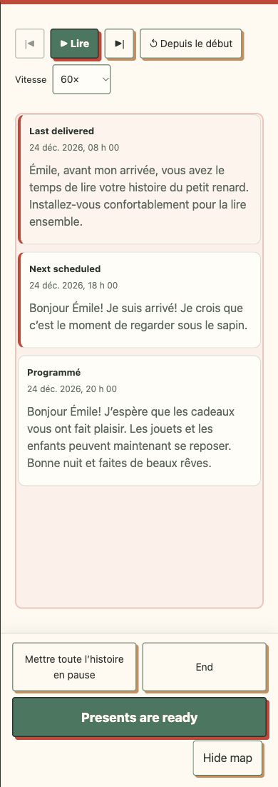 Commandes parentales dans une répétition privée de l’application réelle. Émile et les messages sont fictifs; aucun autre appareil ne reçoit cette répétition.