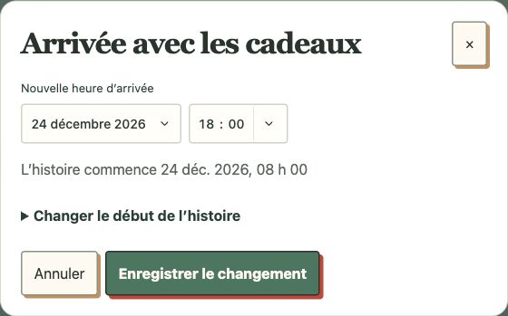 Éditeur réel de la date et de l’heure locale. Les horaires appartiennent à une histoire fictive, sans adresse familiale.
